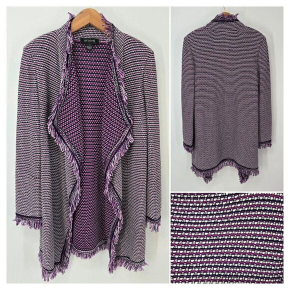St. John Purple Woven Knit Fiore Fringe Trim Coat Long Jacket Women's Sz Medium